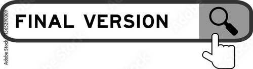Search banner in word final version with hand over magnifier icon on white background