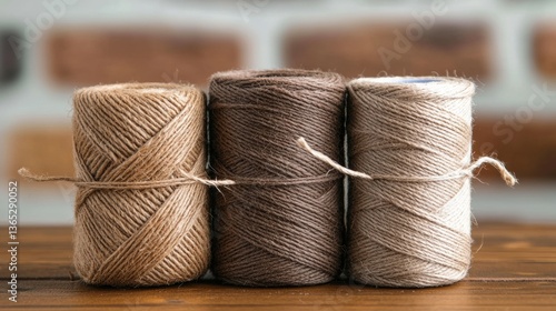 Three spools of twine in varying shades of brown, tied together and resting on a wooden surface.