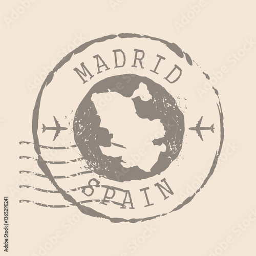 Stamp Postal of Madrid is capital of Spain. Map Silhouette rubber Seal.  Design Retro Travel. Seal  Map of Madrid grunge  for your design. Spain. EPS10
