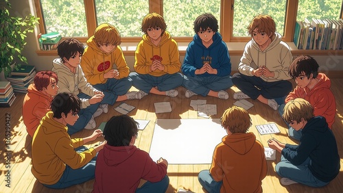 Youthful teens gather collaborating indoors during brainstorming activity