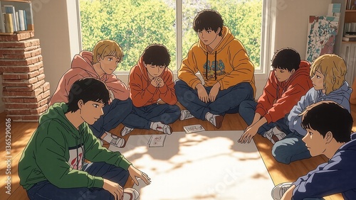 Teenagers gather around table discussing plans in sunlit room indoors