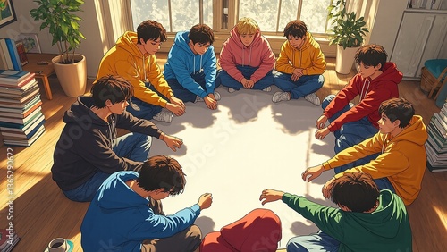 Diverse teens collaborate indoors forming circle bright room sunlight