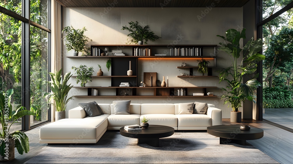 Obraz premium Minimalist living room boasts cream sectional sofa, dark wood shelves, and abundant greenery against hardwood floors. Neutral palette and clean lines create zen-like contemporary space. 