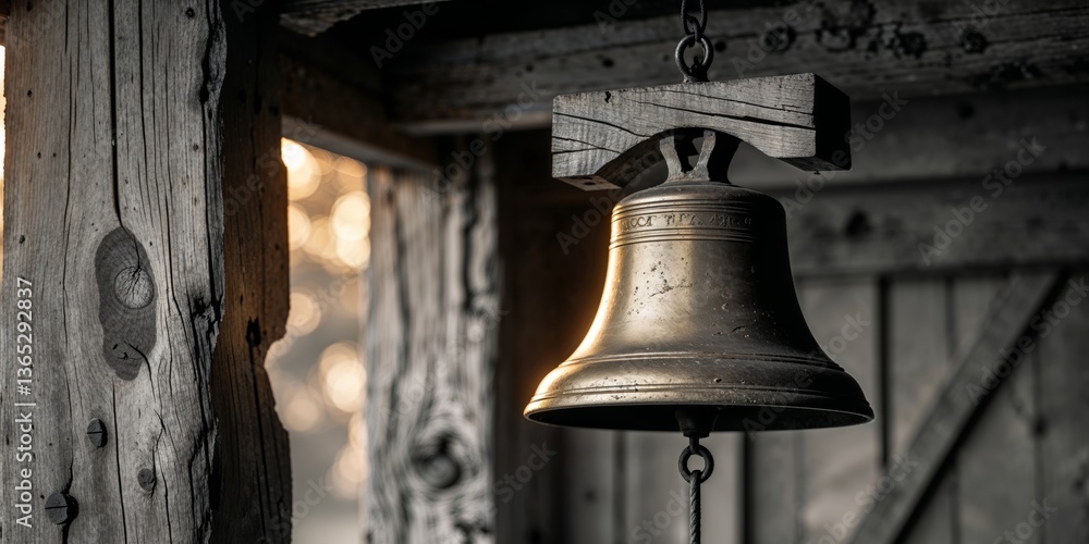 Obraz premium old brass bell hanging in a wooden structure with wooden beams.