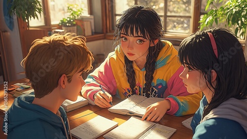 Focused student studies diligently with classmates at wooden desk in classroom illuminated by sunlight