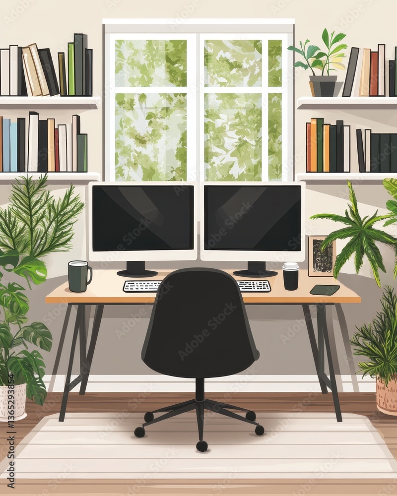 Fototapeta premium Modern workspace setup featuring dual monitors, ergonomic chair, and plants in a bright home office