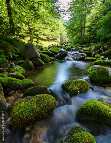 A tranquil Romanian creek with clear water gently flowing over small rounded stones and surrounded by lush green moss.