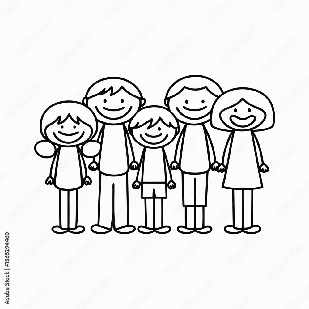 Stick Figure Family - Simple Black and White Line Art. happy family in the park Stick Figure Family - Simple Black and White Line Art. happy family in the park