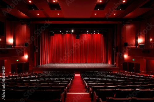 A theater with rows of empty seats and red curtains onstage, lit by red spotlights