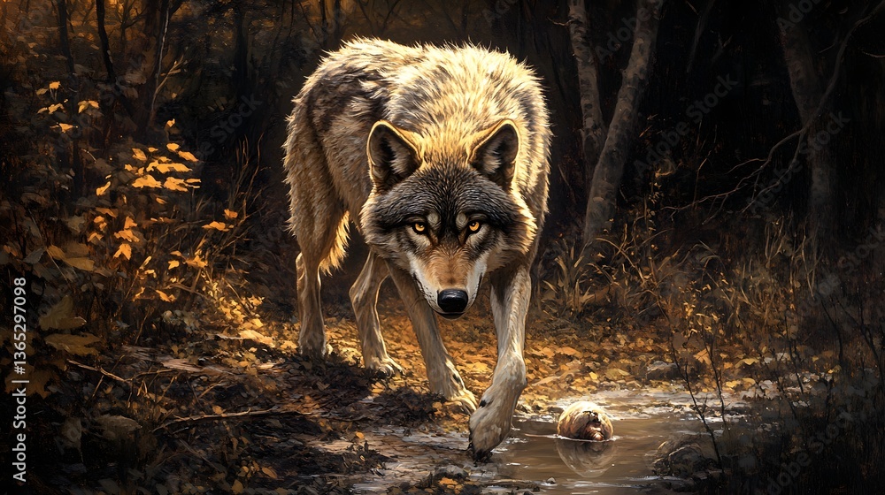 Obraz premium A wolf stalking its prey at dusk