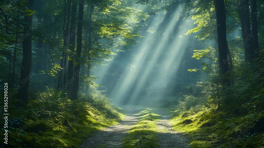 Fototapeta premium Mystical forest pathway reveals ethereal light beams piercing morning mist among ancient evergreens. Moss-covered ground and winding trail create an enchanted scene with dramatic cinematic lighting