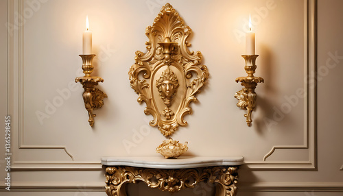 Ornate Gold Wall Decor with Candles and Marble Table Interior