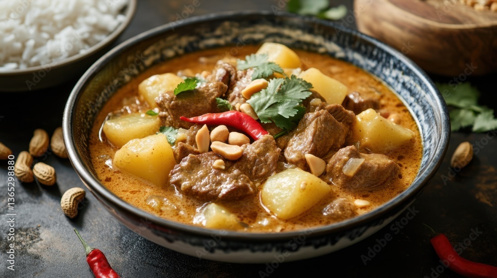 A rich and creamy Thai massaman curry with beef, potatoes, and peanuts, served in a traditional bowl with rice on the side. A rich and creamy Thai massaman curry with beef, potatoes, and peanuts, served in a traditional bowl with rice on the side.