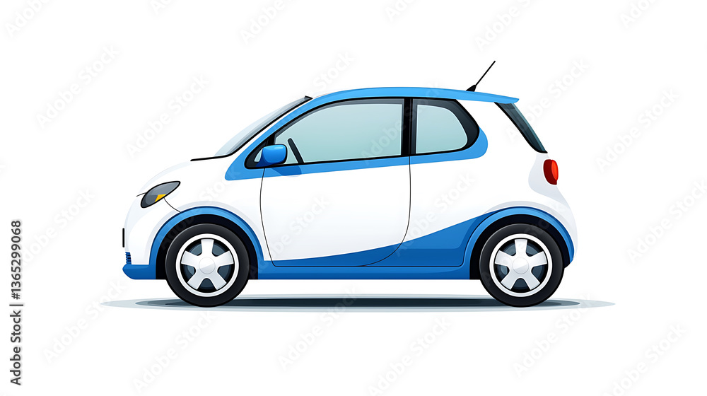 Fototapeta premium compact car illustration featuring blue and white design, showcasing modern and stylish look. vehicle is depicted side view