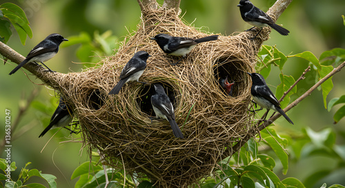 Palmchat family nesting together in communal nests made from natural material