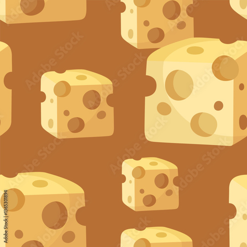 Cheese cubes vector seamless pattern. Pieces with many big holes texture. Slice and dice print. Funny food element background. Bright cartoon art for snack, sauce, chips package. Сraft product concept