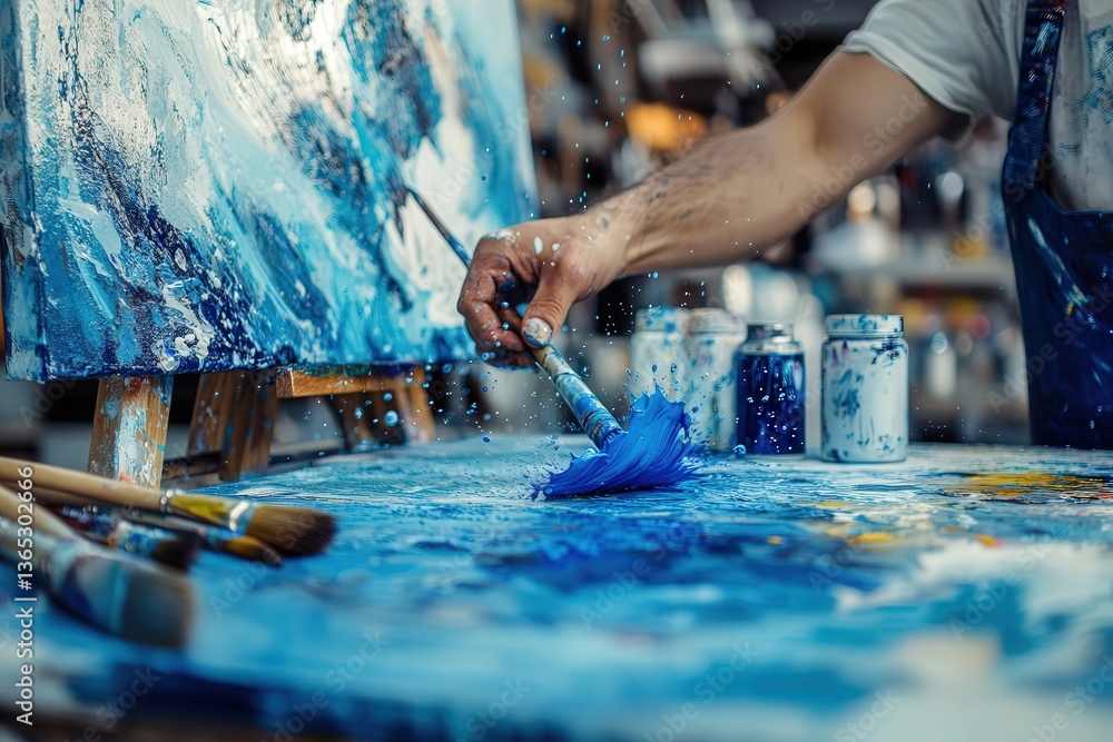 Fototapeta premium Close-up of a male artist energetically painting an abstract blue artwork in a studio.
