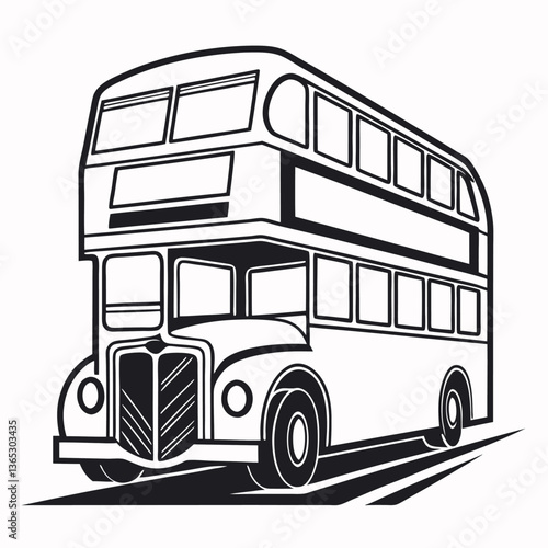 A black and white illustration of a vintage double decker bus. 