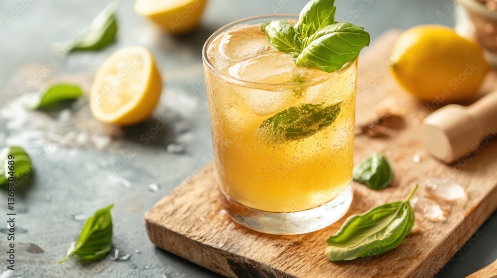 Fototapeta premium A unique herbal soda in a glass tumbler, infused with basil and lemon, placed on a wooden board with fresh ingredients scattered around.