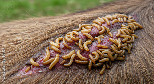 Severe Myiasis Infestation: Larvae Covering a Skin Wound on Animal Skin