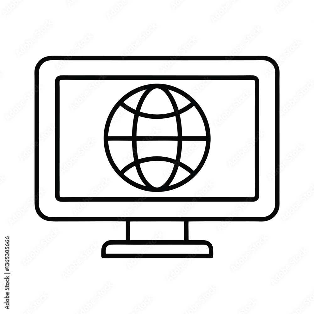 Global Connectivity: Simple Line Art Illustration of a Computer Screen with a World Map Global Connectivity: Simple Line Art Illustration of a Computer Screen with a World Map