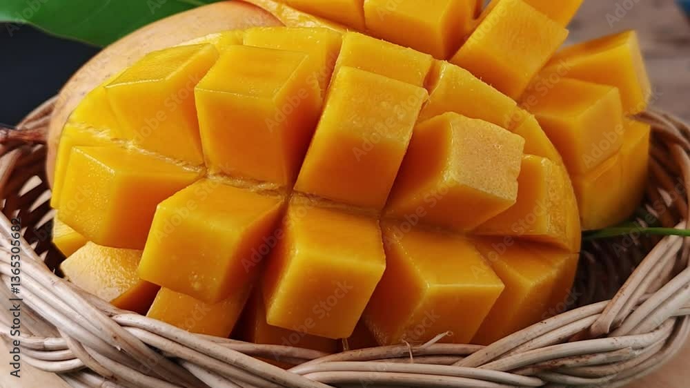 Ripe mango, diced mango and leaves in a basket Ripe mango, diced mango and leaves in a basket