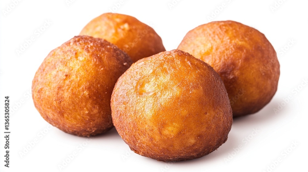 Four golden-brown fried dough balls on white. Four golden-brown fried dough balls on white.