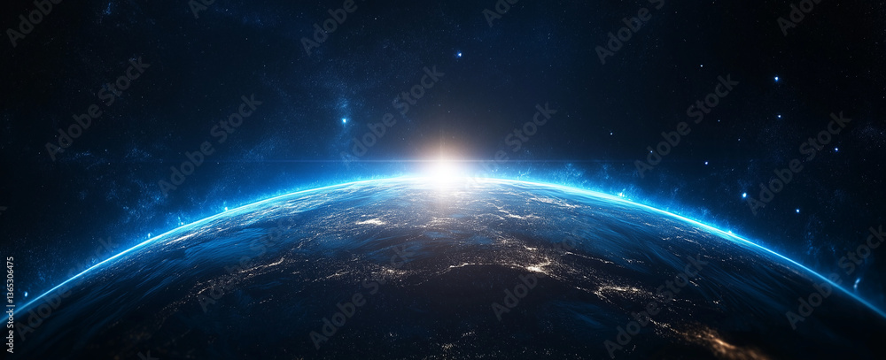 Fototapeta premium Abstract Digital Network with Glowing Blue Planet Earth on Dark Background