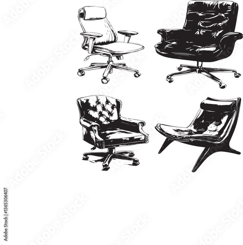 set of four pictures of different chairs, vector, black, white, graphics
