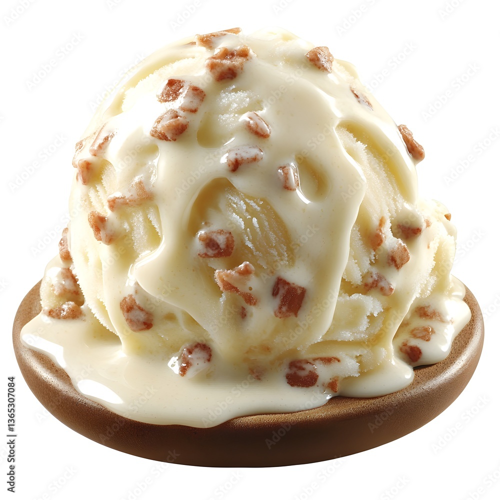 A delectable scoop of creamy vanilla ice cream is drizzled with a rich white sauce and crunchy bits of candied pecans on a small wooden dish. A delectable scoop of creamy vanilla ice cream is drizzled with a rich white sauce and crunchy bits of candied pecans on a small wooden dish.