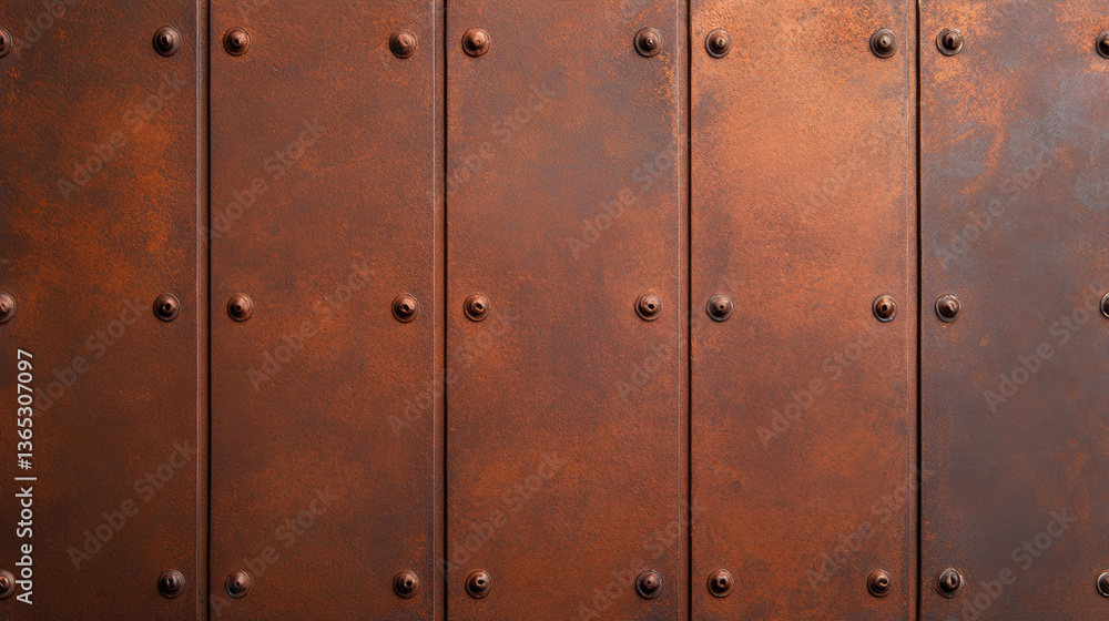 Fototapeta premium textured bronze metal plate with rivets, showcasing rustic and industrial design. surface features warm patina, adding character and depth to overall appearance