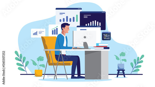 Man in office sitting at desk working with data, charts and diagrams on desktop computer. Flat design vector illustration with white background