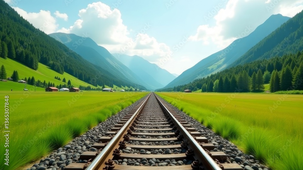 Fototapeta premium I'll take a shot of empty railway tracks among the grass