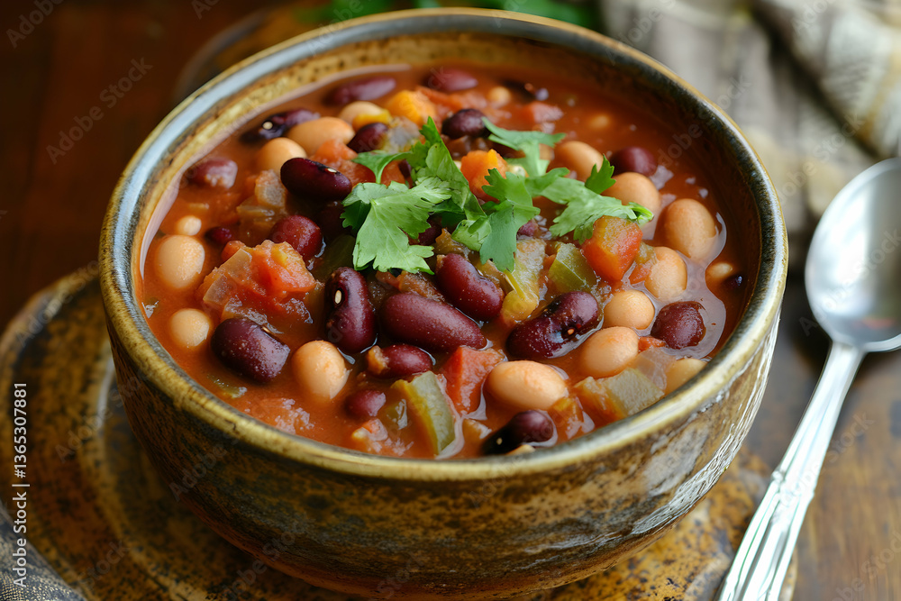 Colorful Bean Chili in a Rustic Bowl with Fresh Herbs on a Wooden Table Colorful Bean Chili in a Rustic Bowl with Fresh Herbs on a Wooden Table