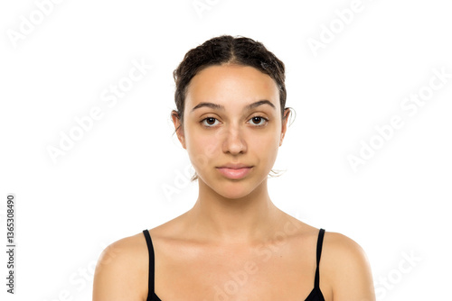 Photography Young woman with natural appearance, no makeup, looking directly at camera