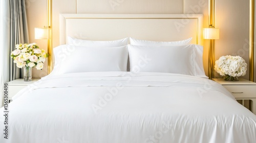 Wallpaper Mural Grand hotel bed with silk sheets, fresh flowers, and soft golden lighting Torontodigital.ca