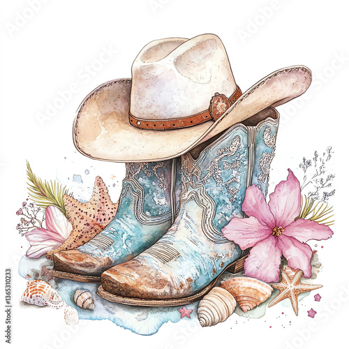 Cowboy boots and hat decorated with shells and flowers in a coastal setting, merging western style with beach vibes