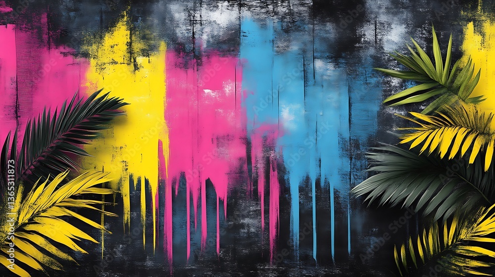 Naklejka premium Tropical Leaves CMYK Paint Drips.