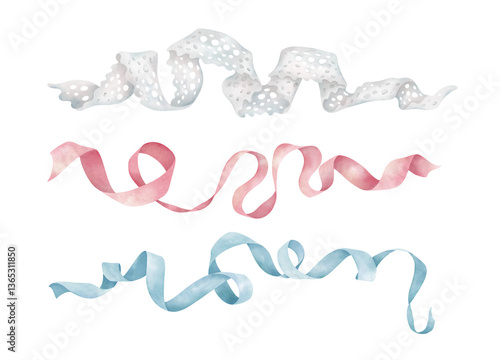 Decorative ribbons set. White cotton lace, red and blue satin ribbon. Sewing accessories in watercolor style, design elements.