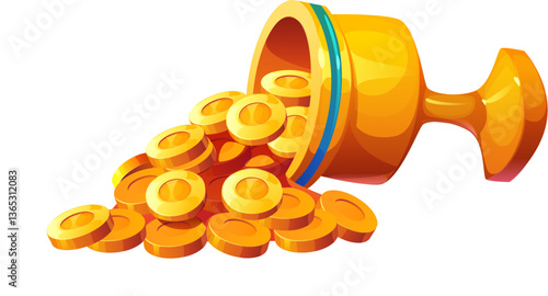 Ancient Egyptian golden chalice overturned, pouring out shiny gold coins, Egypt game icon, treasure asset symbolizing wealth, fortune, abundance and prosperity. Cartoon vector success and riches cup