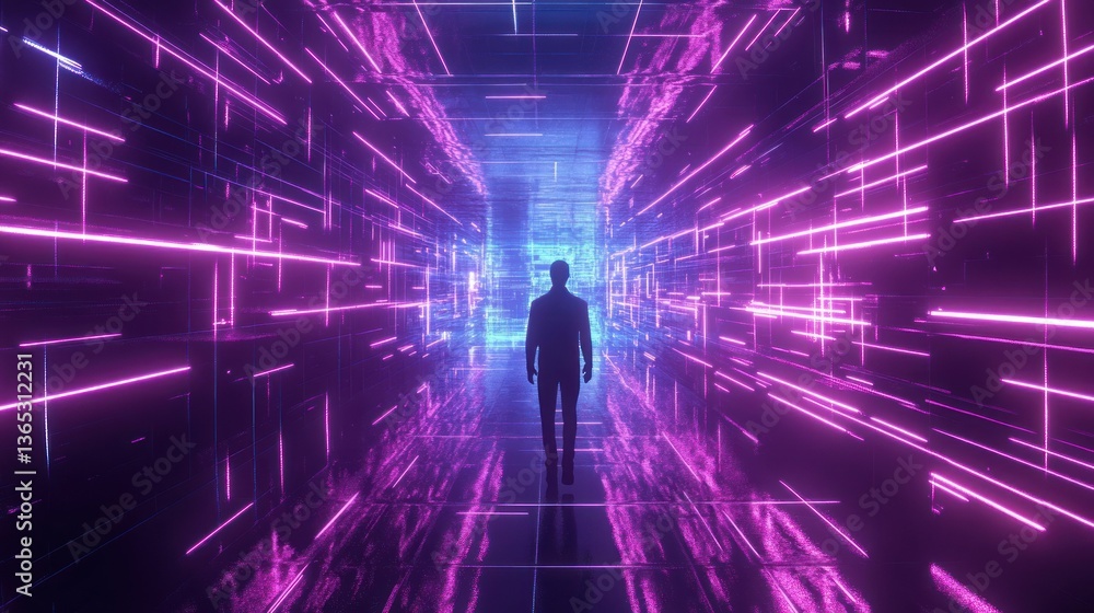 A first-person perspective of walking through an endless glowing digital labyrinth A first-person perspective of walking through an endless glowing digital labyrinth