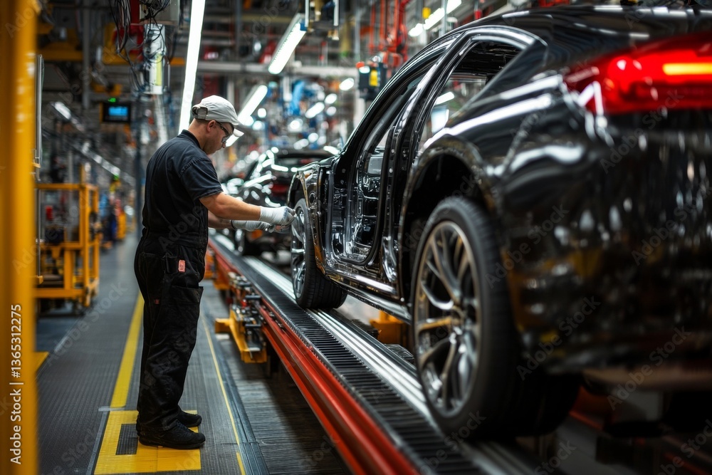Worker focuses on assembling details of a luxury vehicle on the production line inside a busy automotive factory at dusk Generative AI Worker focuses on assembling details of a luxury vehicle on the production line inside a busy automotive factory at dusk Generative AI