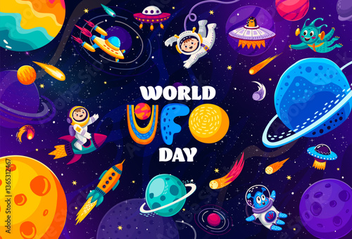 World ufo day banner with flying saucers and funny alien characters in outer space. Cartoon vector greeting card with kid astronauts, rockets and extraterrestrial personages,floating in far galaxy