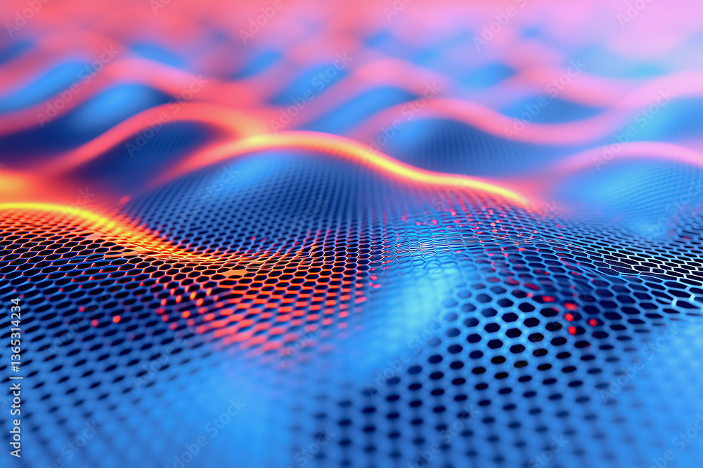Obraz premium A futuristic abstract pattern with orange glowing lines forming a hexagonal mesh on a blue surface. Perfect for tech and digital design visuals.