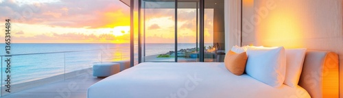 High-end beachfront hotel room with a sleek modern bed, open glass doors, and sunset colors