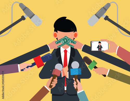 Press conference concept. Hand with cash money dollar banknote covering politician or business man mouth buying silence telling him to shut up.