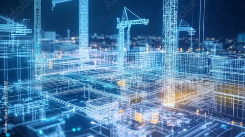 A futuristic AI powered construction planning system optimizing material usage and labor scheduling for large scale building projects, Construction tech style, photo of