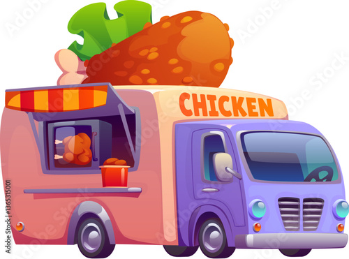 Cartoon street food truck, vintage festival foodtruck serving fried chicken, featuring a large crispy drumstick on its roof. Isolated vector mobile eatery van has a service window with striped awning