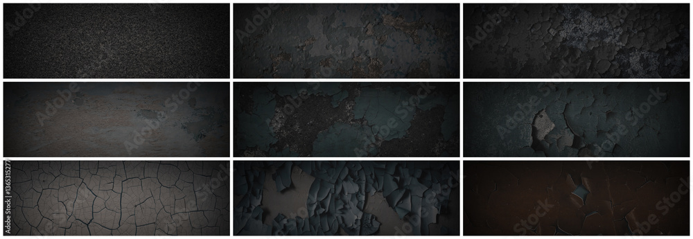 Set of dark panoramic background textures. Collection of wide textures with peeling paint, cracks, rust, scratches, noise and grain. Rough surfaces of old walls. Bundle of backgrounds for design.