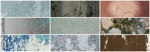 Set of peeling paint textures. Old concrete walls with cracked flaking paint. Weathered rough painted surfaces with patterns of cracks and peeling. Collection of wide panoramic backgrounds for design.